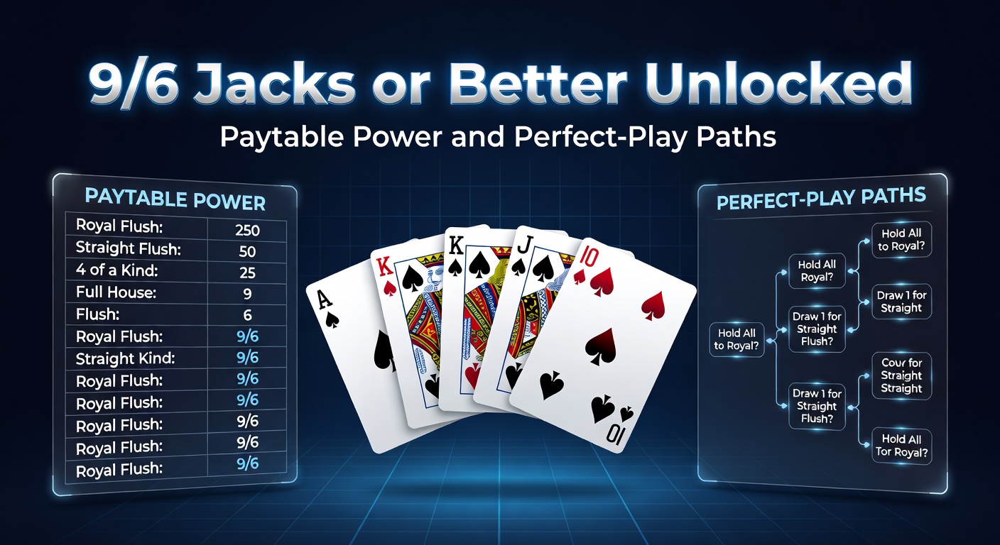 Vibrant video poker screen displaying the 9/6 Jacks or Better paytable with royal flush payout highlighted
