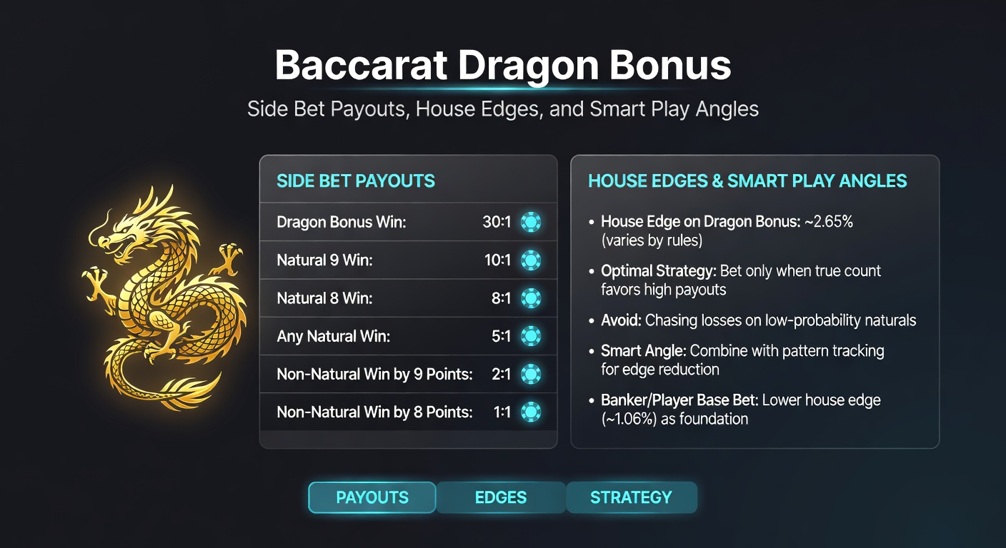 Baccarat table with Dragon Bonus side bet highlighted, showing cards and chips in action