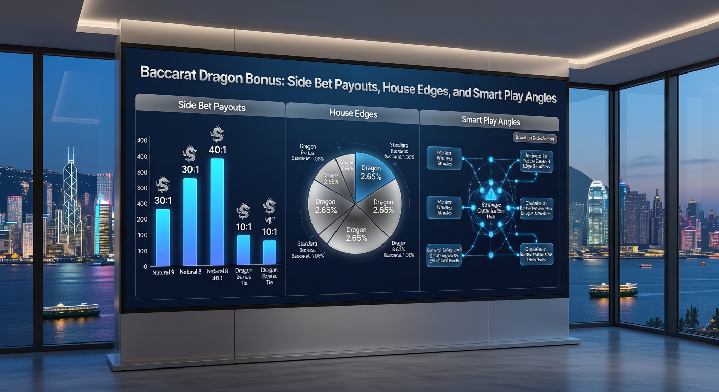 Close-up of Dragon Bonus payout chart on a baccarat layout, with highlighted house edge figures and win probabilities