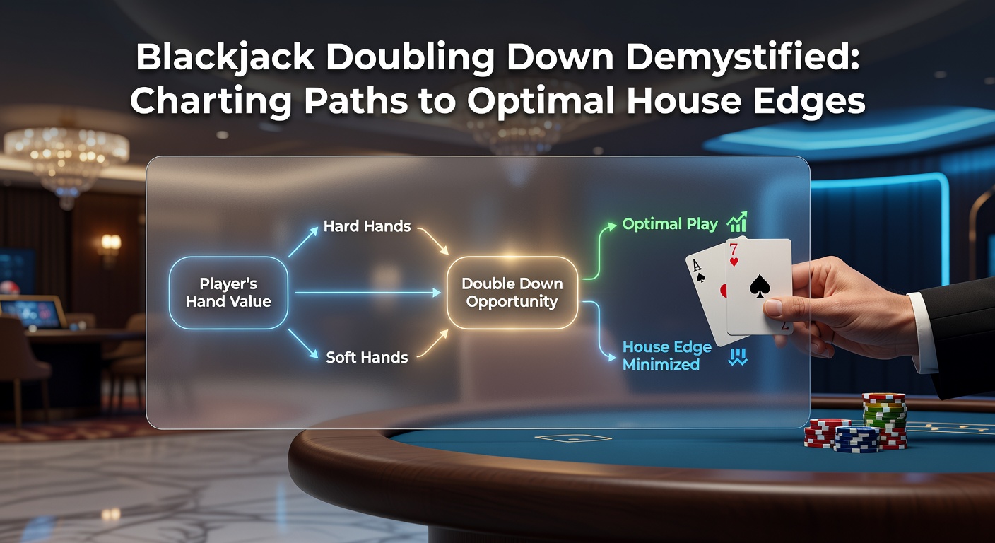 A bustling blackjack table where a player doubles down on a strong hand against the dealer's upcard, chips stacked high in anticipation