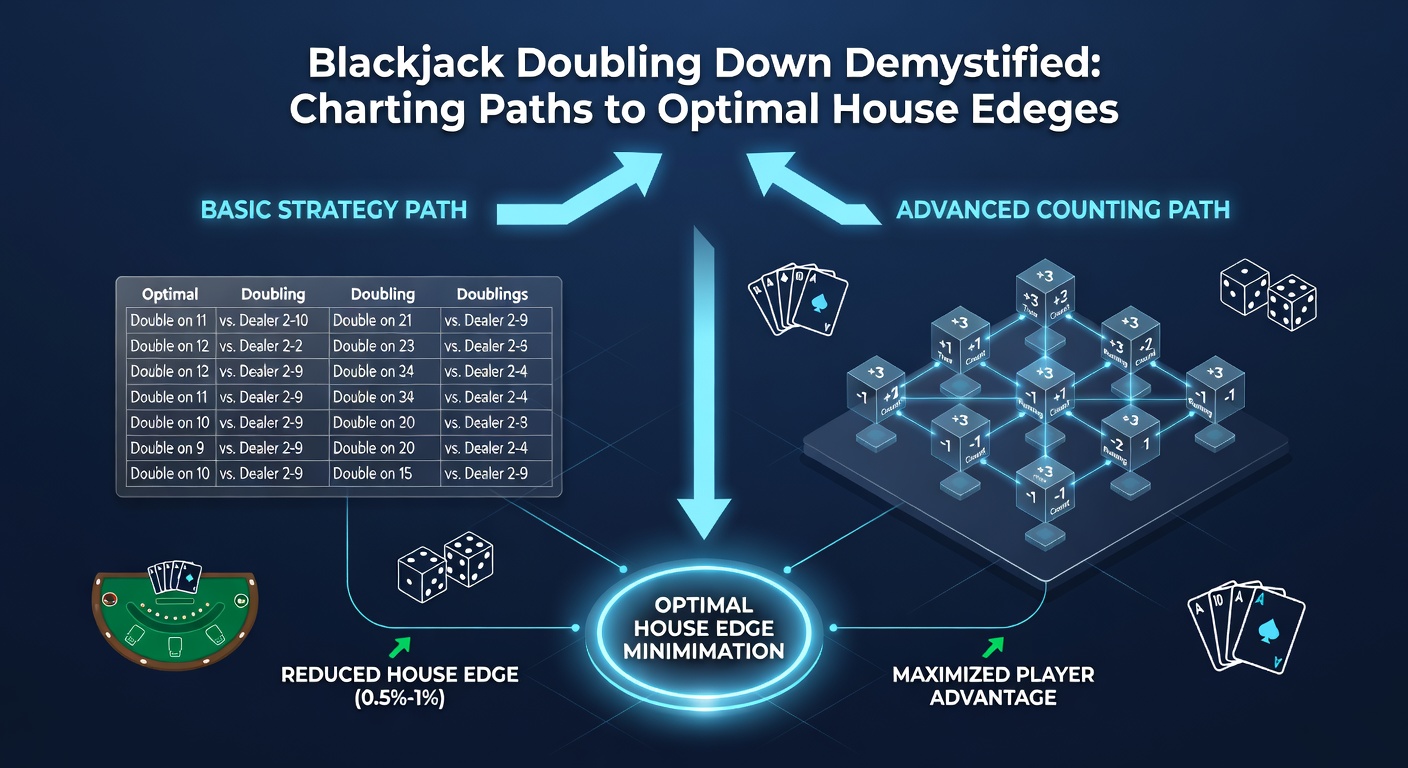Detailed blackjack strategy chart highlighting doubling down zones in green across player hands and dealer upcards, with house edge percentages noted