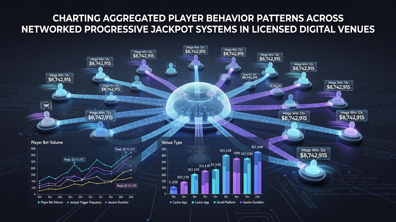 Network diagram showing connected progressive jackpot systems across multiple licensed digital gaming platforms with player data flow indicators