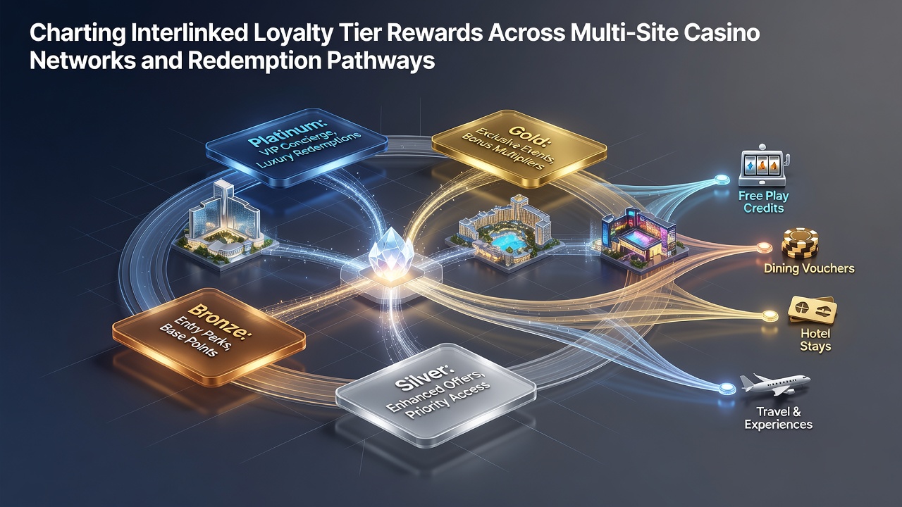 Diagram showing interconnected loyalty tiers across multi-site casino networks with points flowing between locations
