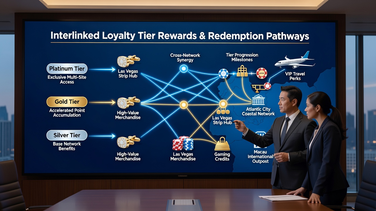 Illustration of reward redemption pathways connecting points to comps across casino locations