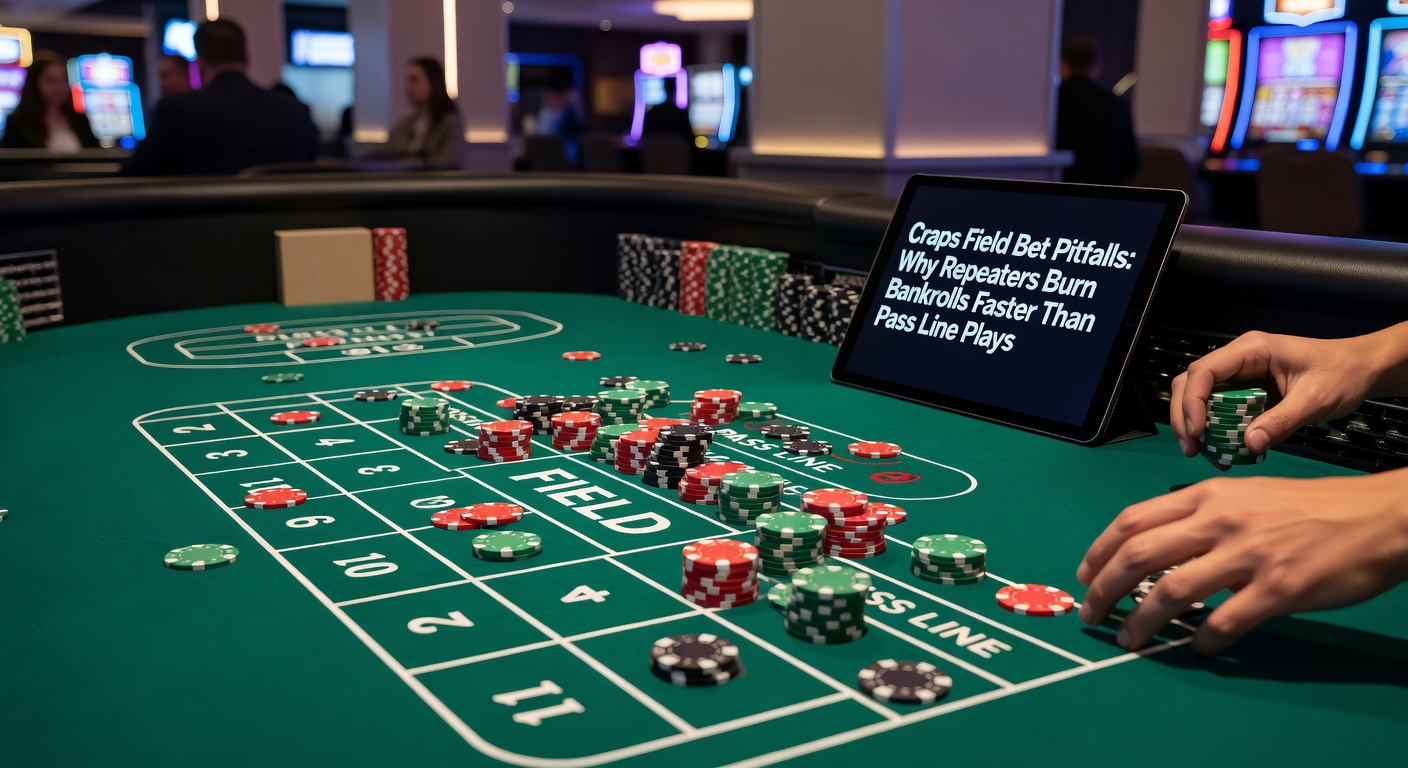 Vibrant craps table action with field bet area illuminated amid rolling dice and cheering players