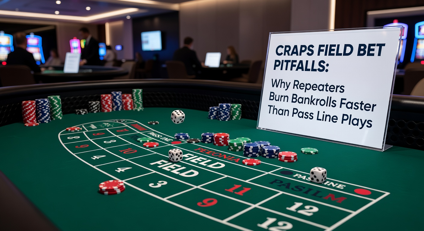 Close-up of dice landing on field-winning numbers like 3 or 10, with chips stacked on the field bet proposition