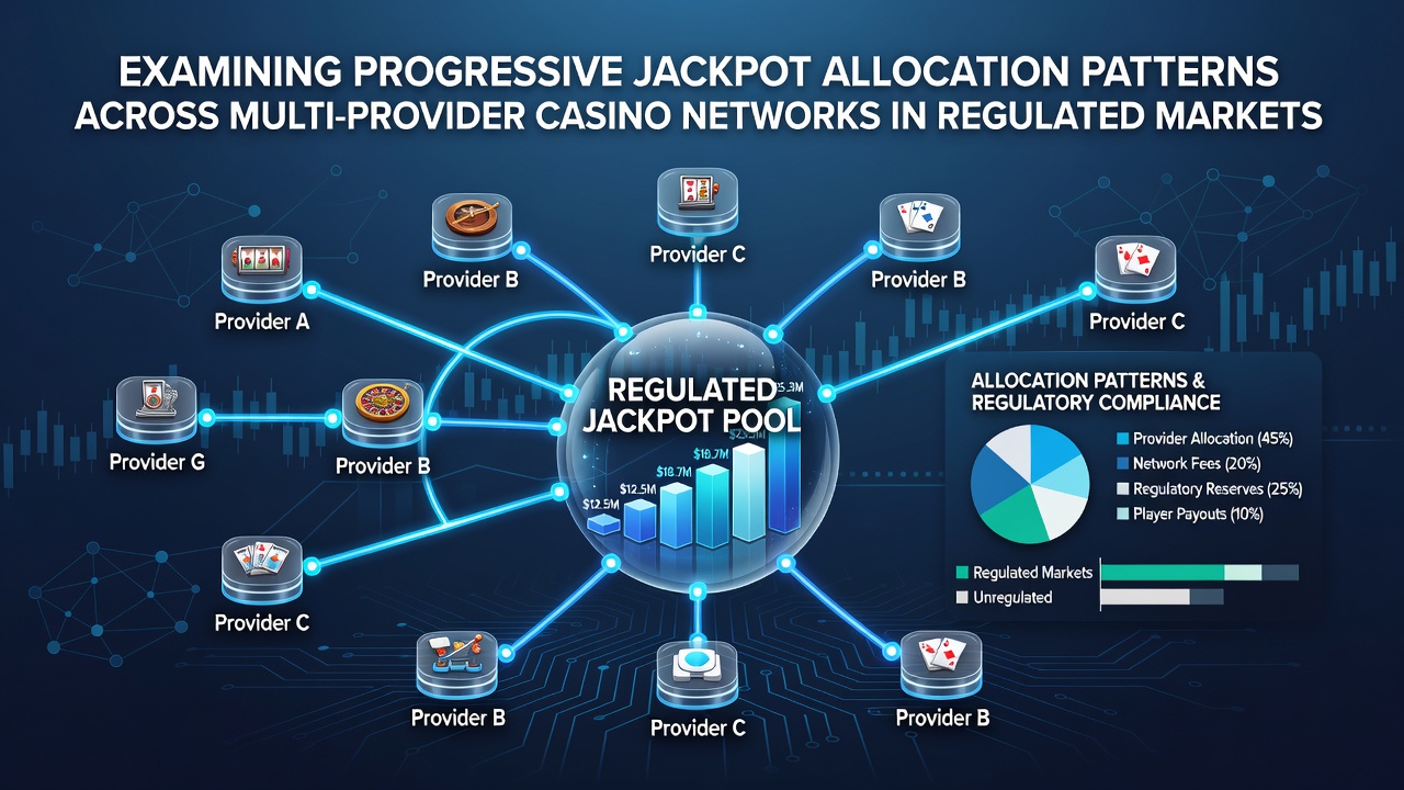 Network diagram showing progressive jackpot contributions flowing between multiple casino game providers in a regulated market