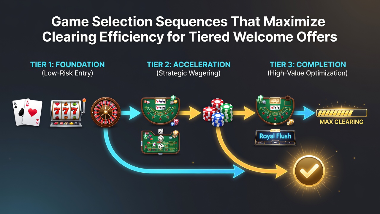 Visual diagram showing sequential game selection for bonus clearing efficiency with tiered welcome offers