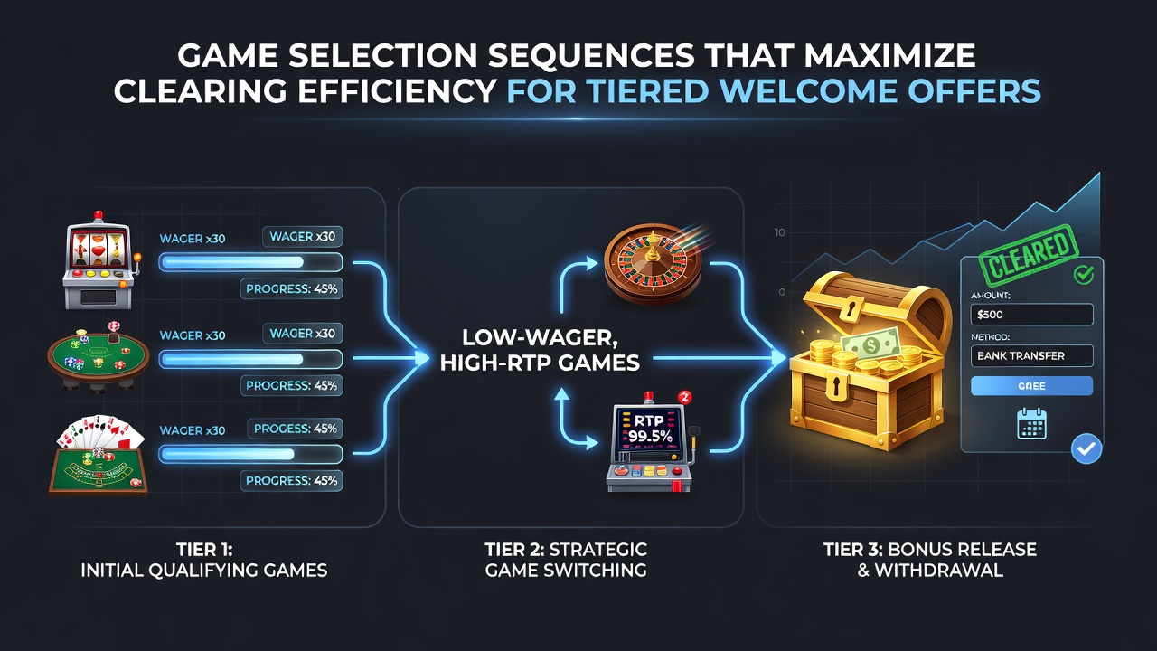 Infographic illustrating game rotation sequences and contribution percentages for efficient bonus clearing