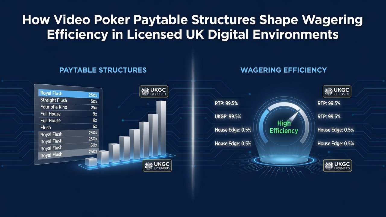 Video poker paytable interface displayed on a licensed UK digital casino platform showing multiple game variants and payout columns