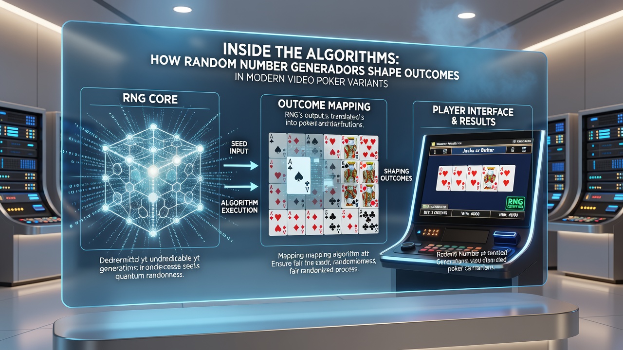 Technical diagram showing RNG output mapping to video poker card outcomes and probability tables