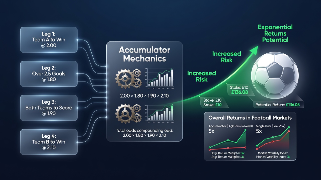 Diagram illustrating accumulator bet structure with multiple football matches and combined odds calculation