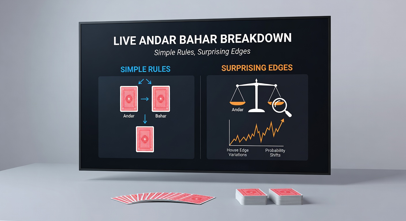 Close-up of a live Andar Bahar round in progress, showing the Joker card in the center, initial deals to Andar and Bahar sides, and digital bet trackers glowing on screen