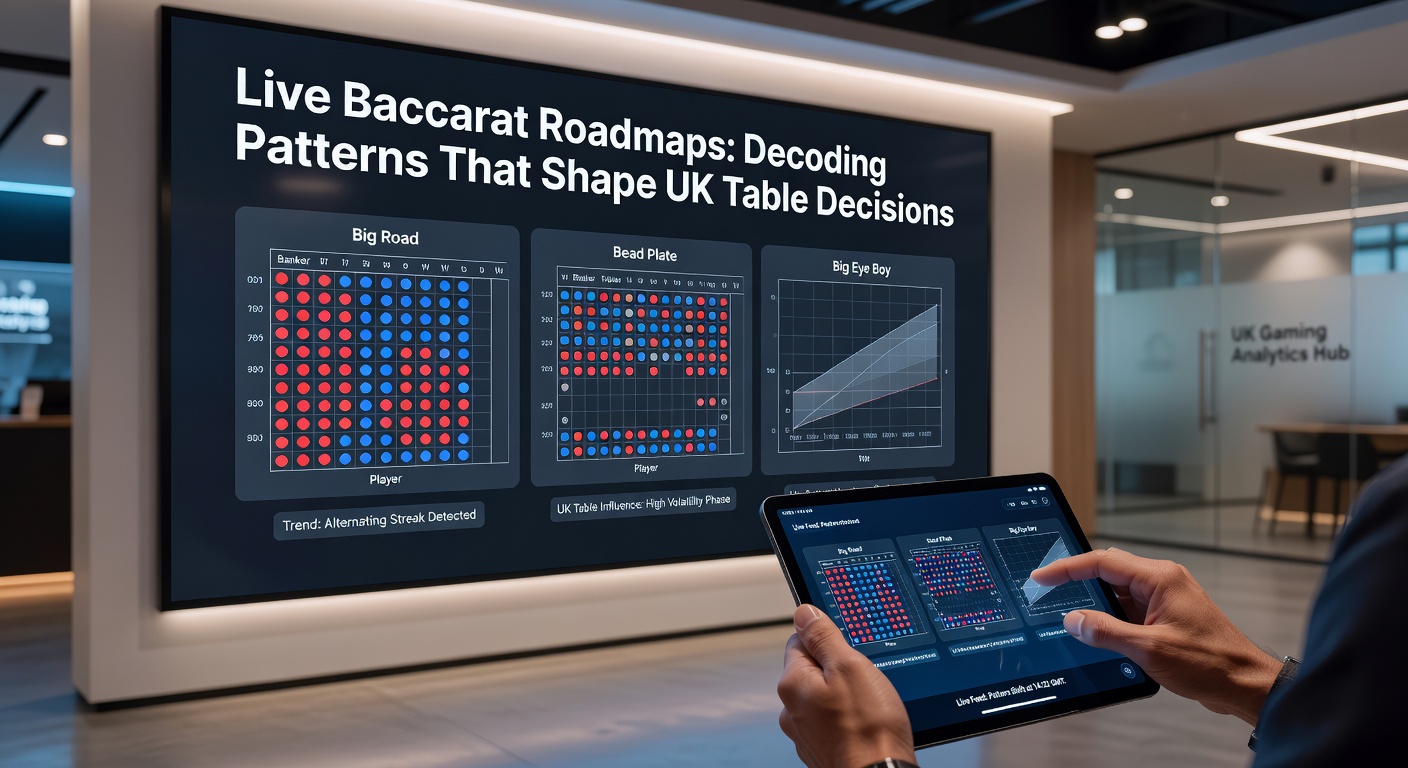 Close-up of a live baccarat table displaying colorful roadmaps tracking Banker and Player streaks in real-time action