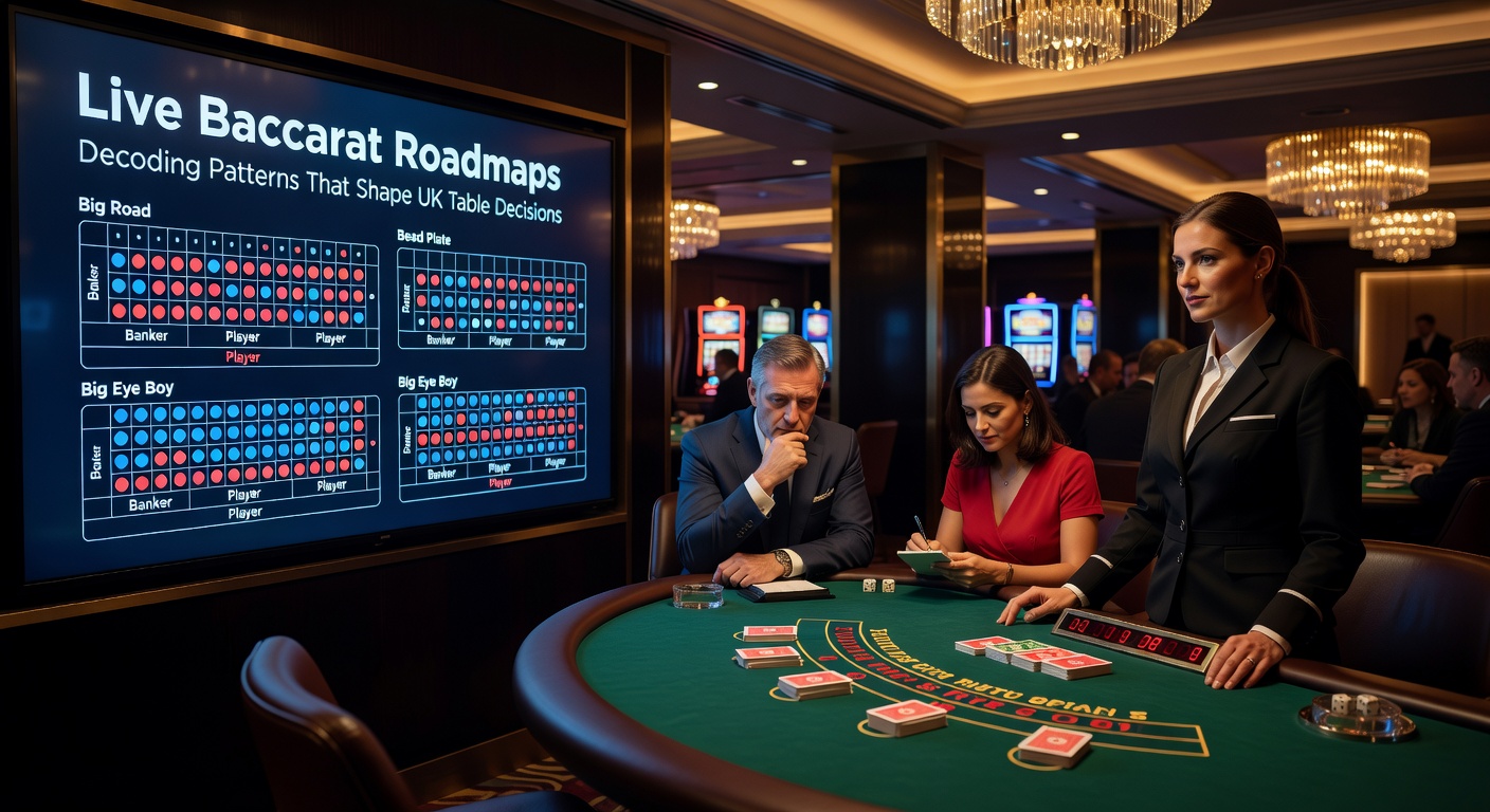 Detailed screenshot of baccarat roadmaps including Big Eye Boy and Cockroach Road, highlighting pattern repetitions on a live dealer table