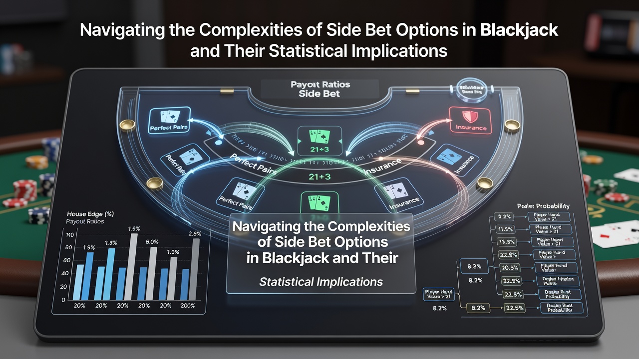 Blackjack table with side bet options highlighted showing cards and chips in a casino setting