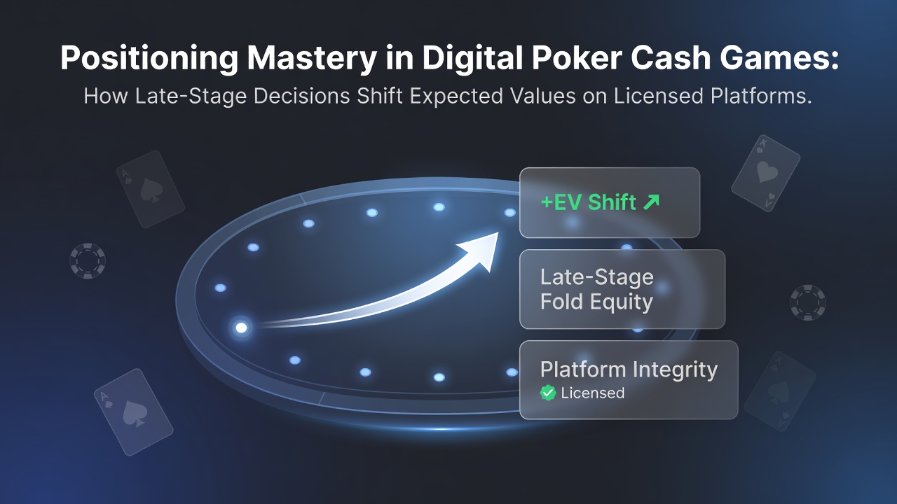 Digital poker table interface showing late position advantage with betting options highlighted on a licensed online platform