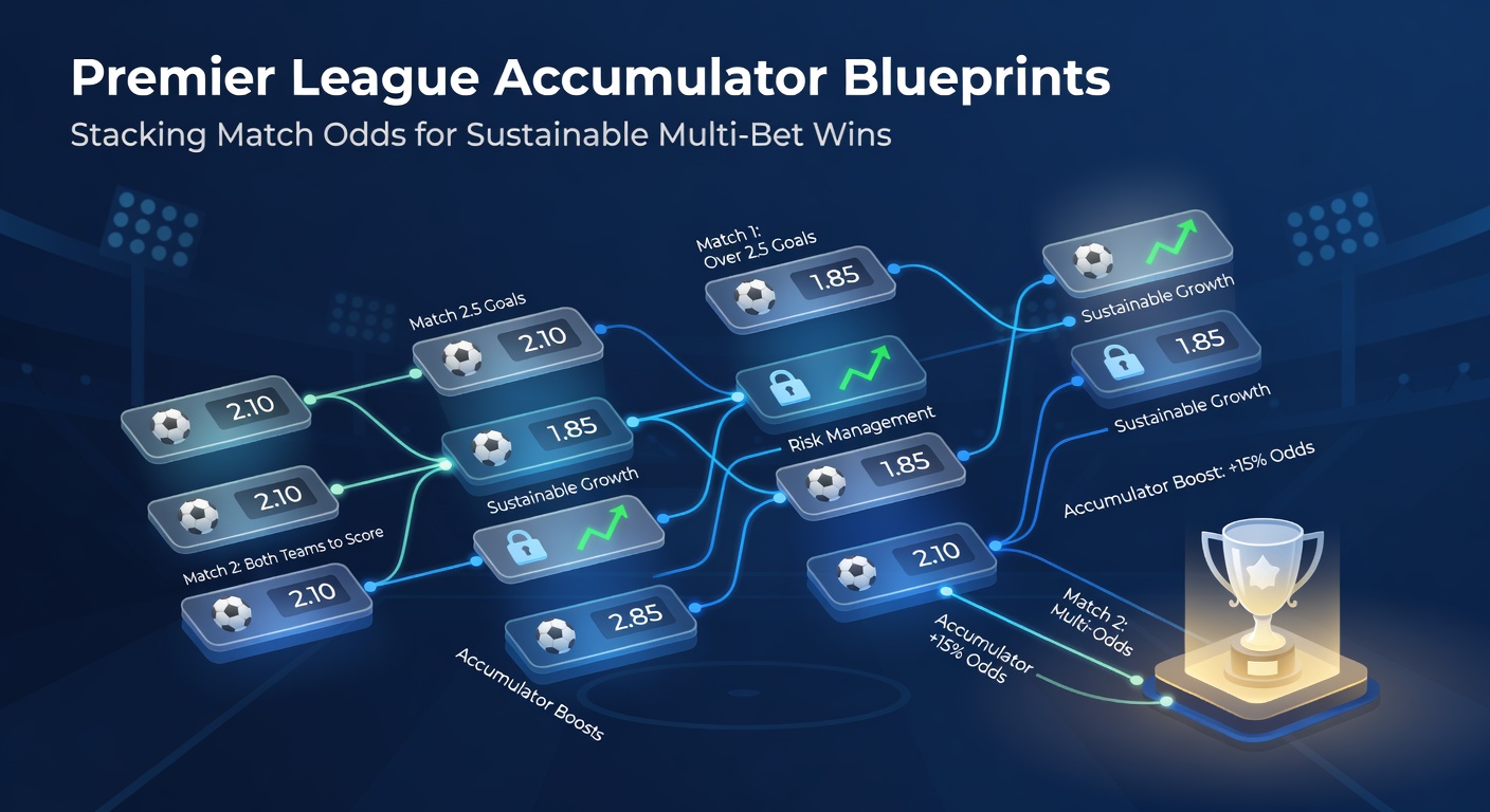 Vibrant Premier League stadium scene with overlaid accumulator bet slips showing stacked match odds