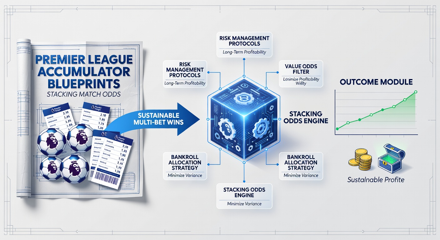 Close-up of a bettor analyzing Premier League stats on a tablet, with accumulator blueprint diagrams highlighted