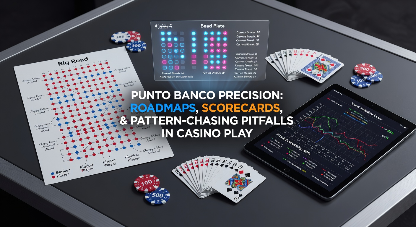 Close-up of a Punto Banco table displaying colorful roadmaps and scorecards tracking Banker and Player wins