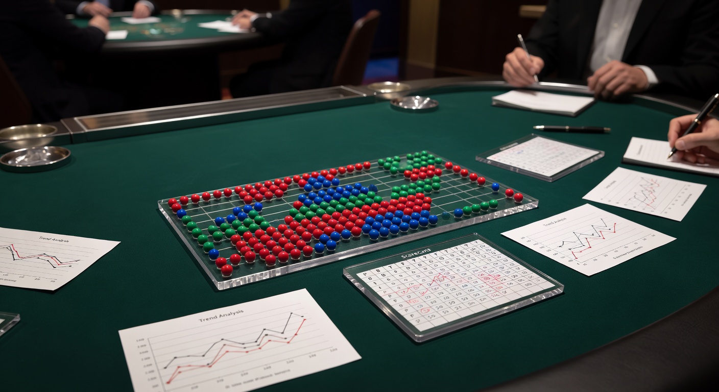 Digital Punto Banco interface showing detailed Big Road scorecard with streaks of red Banker wins and blue Player outcomes