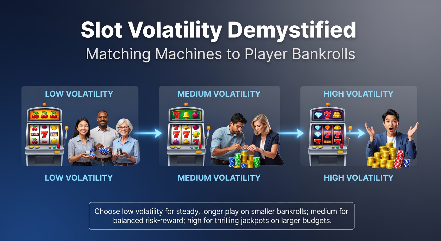 Colorful slot machine reels spinning with jackpot symbols, illustrating high and low volatility payouts