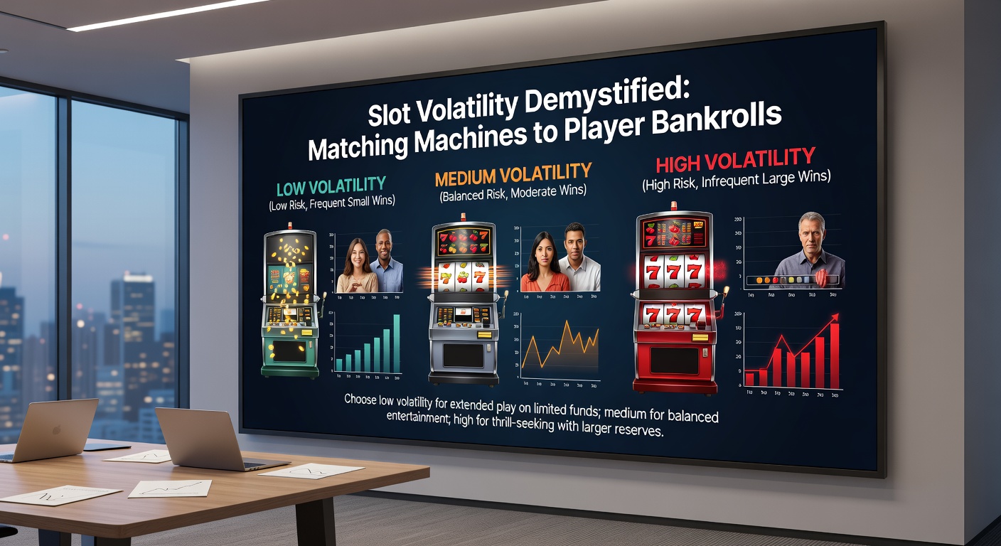 Graph comparing payout distributions for low, medium, and high volatility slots, showing win frequency versus size