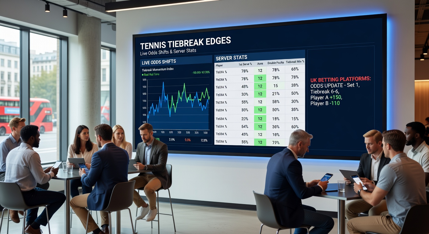 Digital betting interface on a UK platform displaying live tennis tiebreak odds, with server stats overlay and odds shifting in real time during a high-stakes match