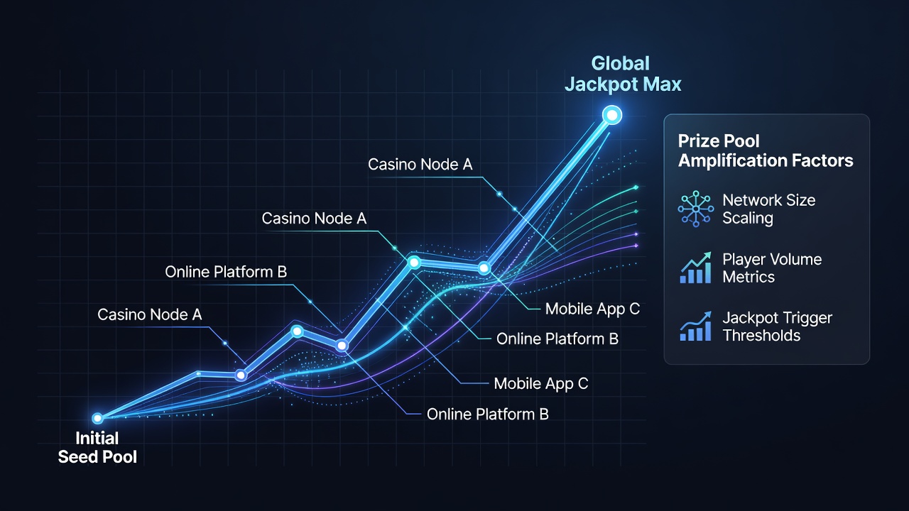 Dashboard interface displaying real-time progressive jackpot meter growth and contribution statistics from multiple casino sites