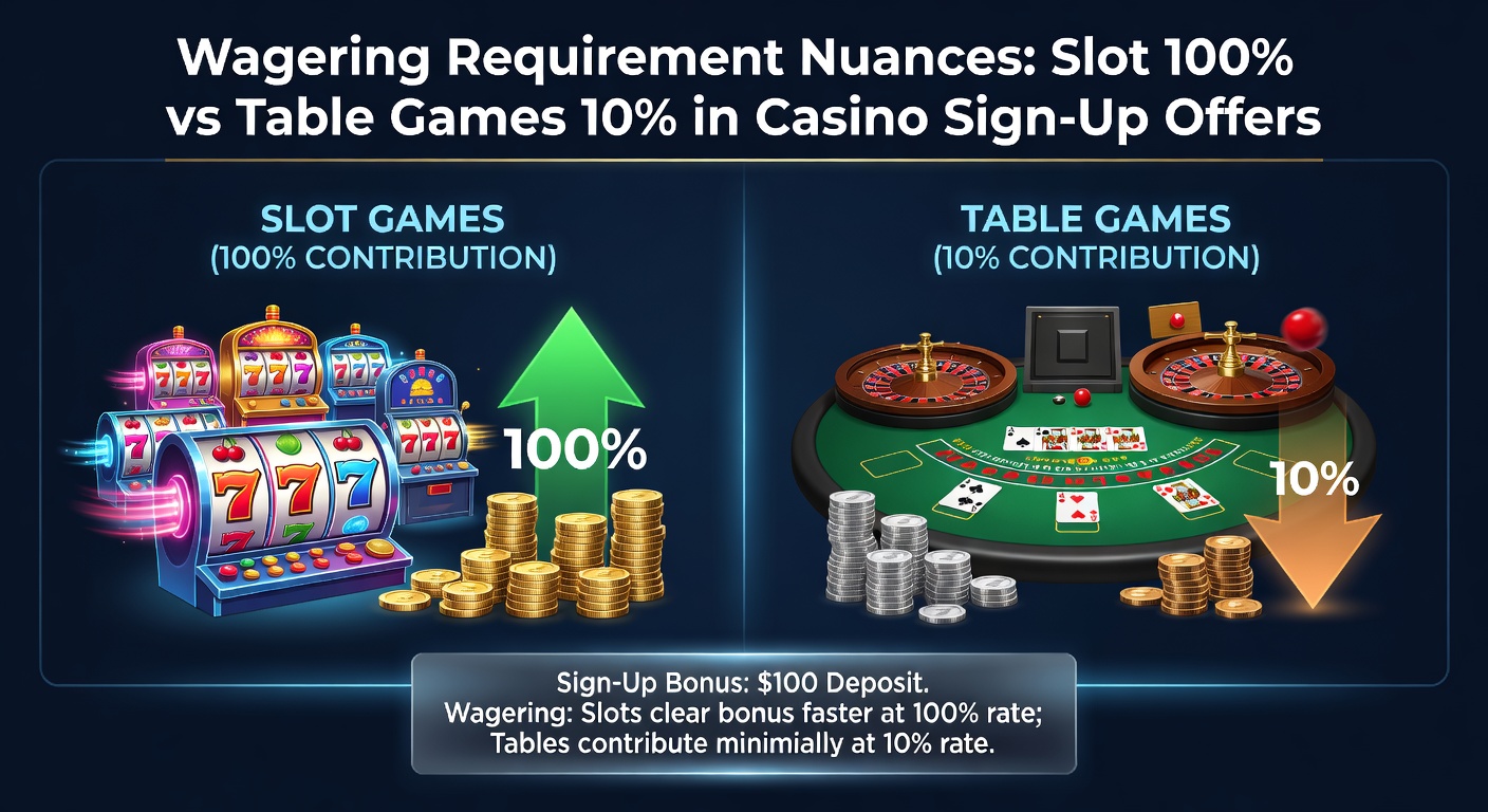 Graphic comparing slot reels spinning at full speed against a blackjack table with restricted contribution bars, highlighting wagering percentages